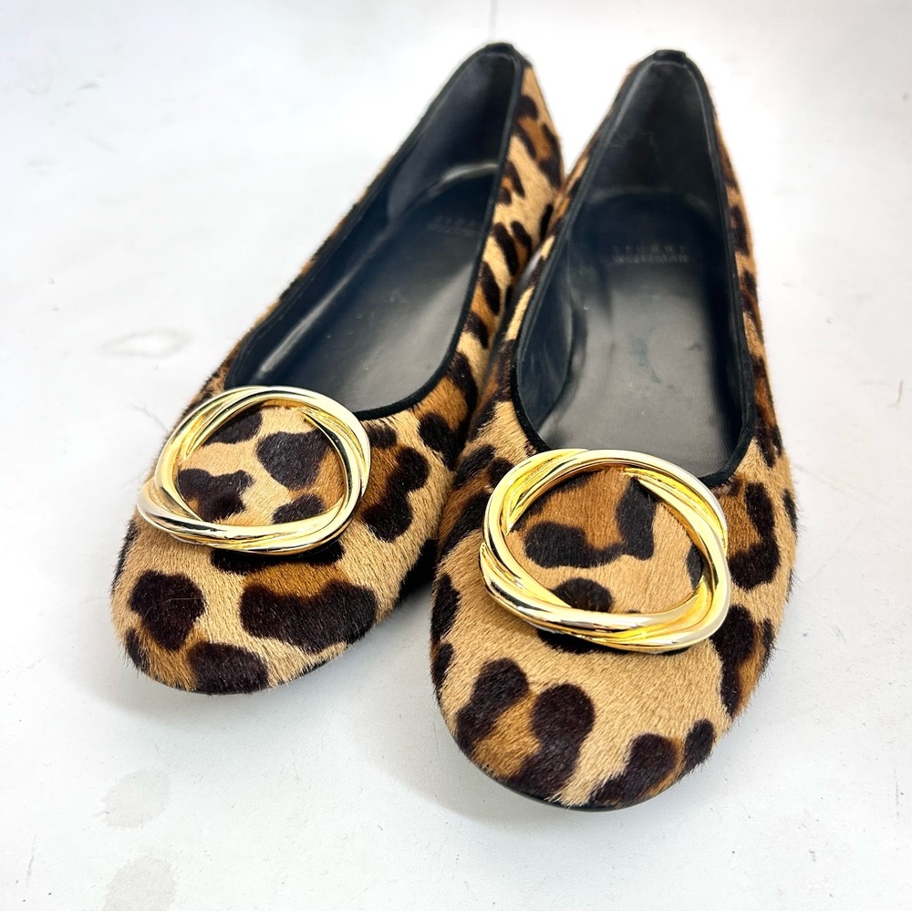 Stuart Weitzman Leopard Print Calf Hair Ballet Flats Size 9 Gold Buckle Accent - Picture 3 of 10